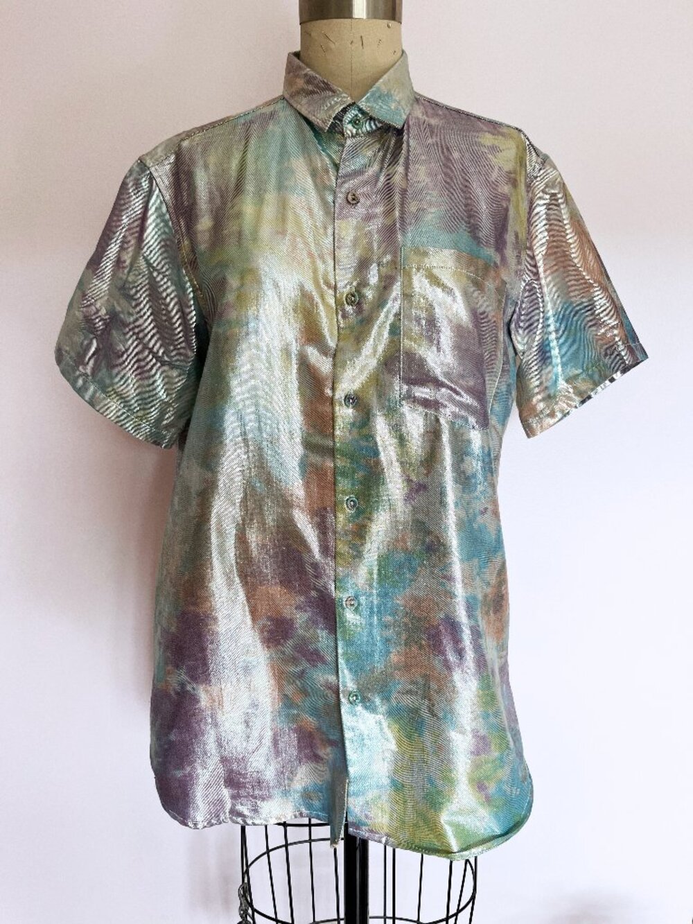 NORBLACK NORWHITE Metallic Iridescent Shirt M Silver Rainbow Button-Up